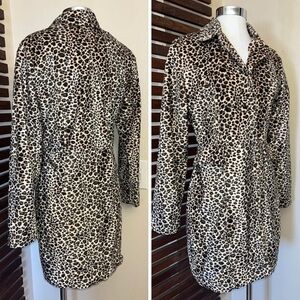 Outer Edge Beige Brown & Black Leopard Animal Print Button Trench Coat Jacket M